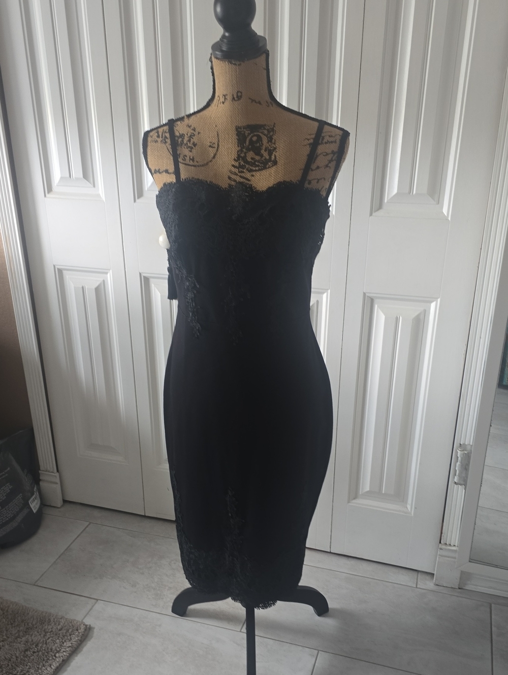 Haute Monde Black Lace-Accent Spaghetti Strap Midi Dress